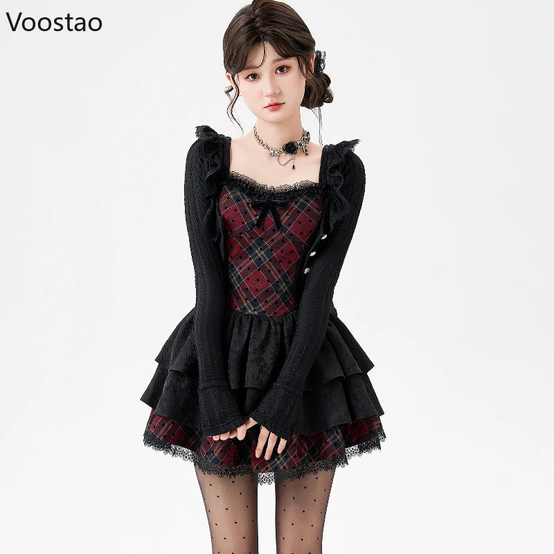 Y2k Aesthetic Elegant 2 Piece Set Women Lolita Style Knitted Cardigan Red Black Plaid Cake Dresses Suit Fashion Gothic Outfits