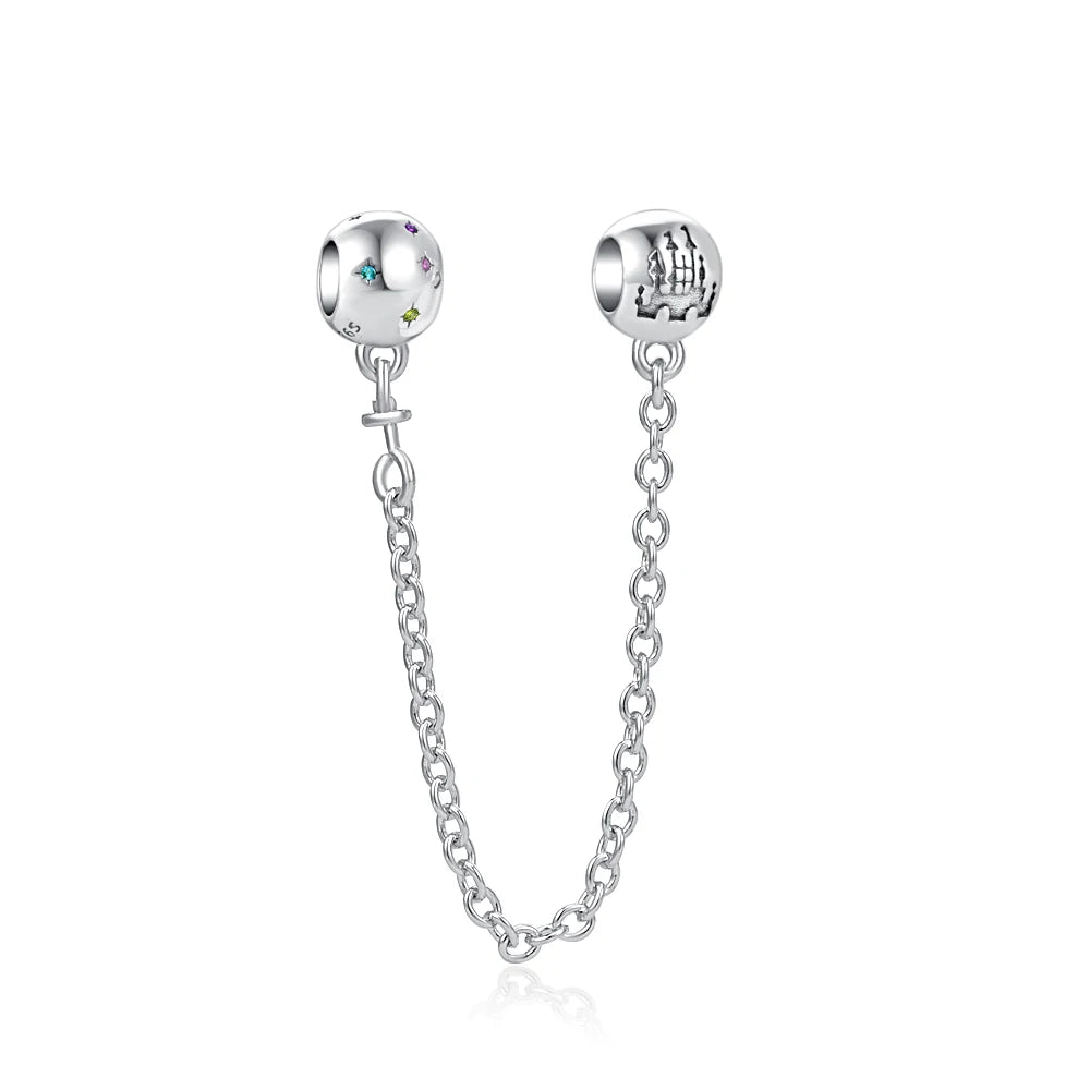Silver 925 Sparkling Clear Sparkle Bow Stars Safety Chain Charm Bead Fit Original Pendant DIY Jewelry For Women