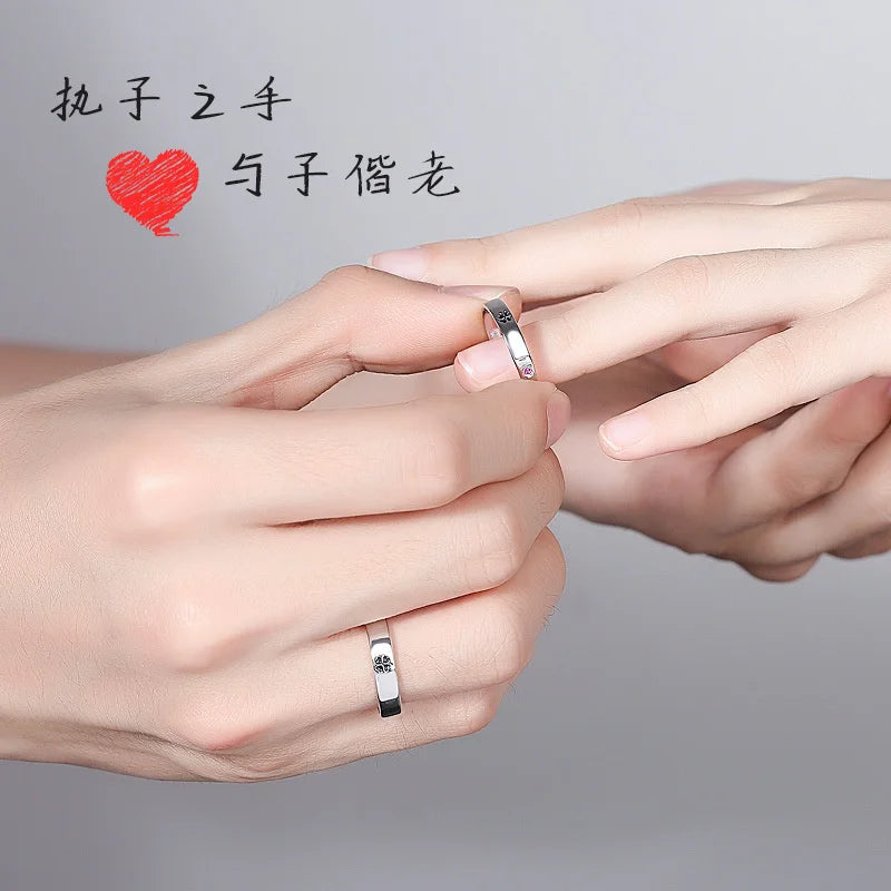 Classic Clover Black Flower Ring Silver 925 Women Jewelry Adjustable Fashion Zircon Couple Rings For Lover Wedding Accessories