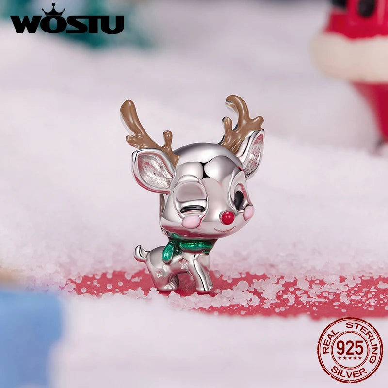 WOSTU 925 Silver Christmas House reindeer Beads Xmas bell Safty Chain Charms, Crystal Ball snowflake Pendant DIy Jewelry Gift