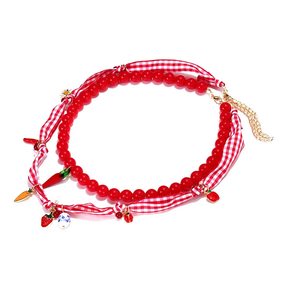 ZAA Sweet Handmade Multi-layer Beaded Strawberry Chili Choker Necklace