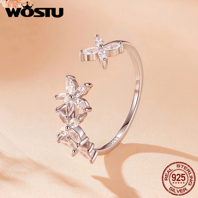 WOSTU 925 Sterling Silver Clear Zircon Mini Flower Opening Ring For Women , Lovely Cubic zirconia Engagement Rings Fine Jewelry