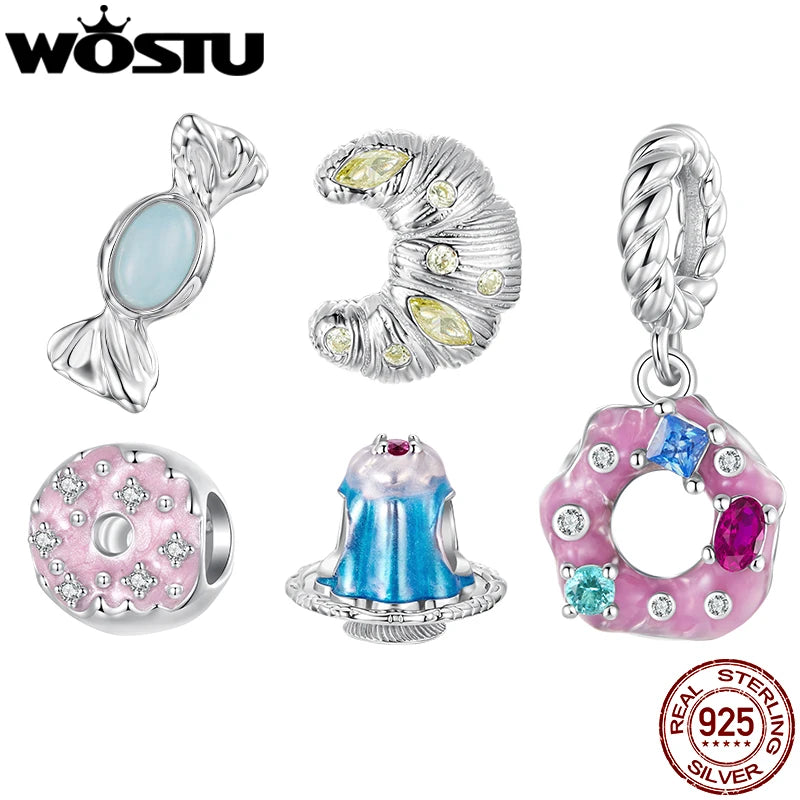 WOSTU Dessert Series 925 Sterling Silver Donut Pendant Croissant Charm Pudding Sweet Candy Bead For Bracelet Girl Jewelry Making