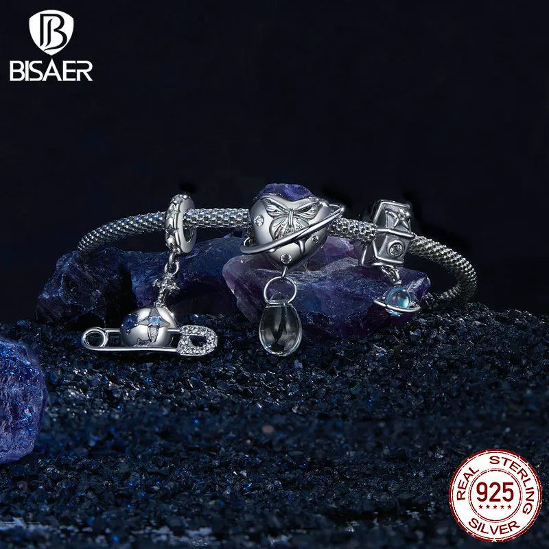 BISAER Pendentif en forme de boîte en argent sterling 925 avec nœud et planète, breloques en forme de fusée étoilée pour bracelets à faire soi-même, bijoux fins, cadeau pour femmes