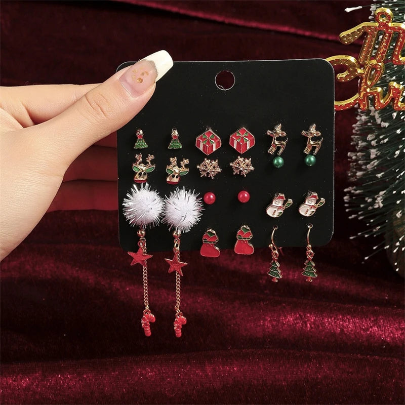 6-12 Pair Christmas Earrings For Women Xmas Tree Elk Snowman Santa Claus Snowflake Stud Earring Set New Year Party Jewelry Gift
