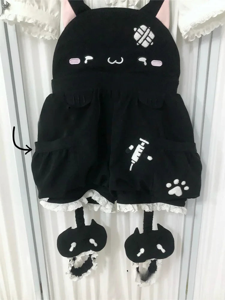Y2k Lolita Style Overalls Shorts Set Women Sweet Sailor Collar White Shirt Cartoon Cat Rompers Suit Blouse Shorts 2 Piece Set