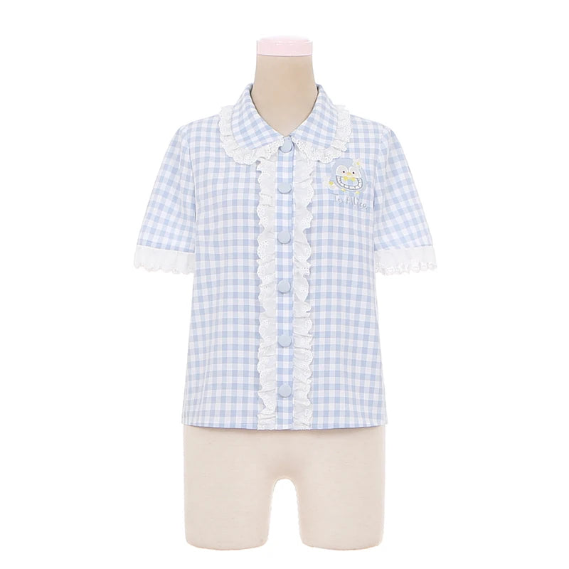 Sweet Lolita Style Shorts Set Women Kawaii Cartoon Embroidery Shirt Overalls Short Pants Suit Japanese Girl Cute Bloomers Shorts