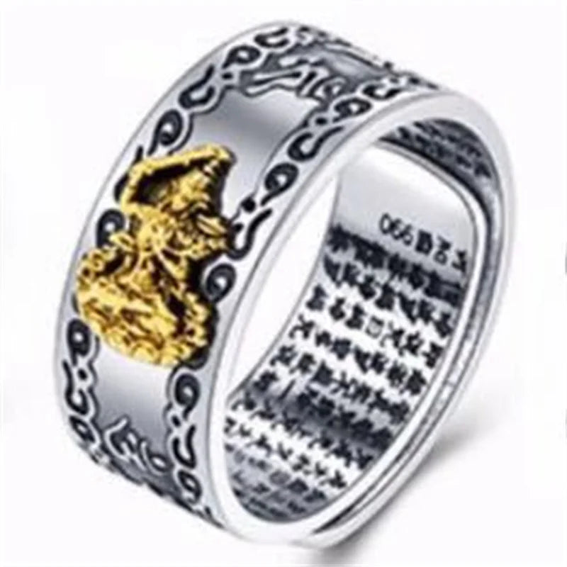 Vintage Silver Eight Guardian Buddha Ring for Men's Jewelry Lucky Twelve Zodiac Amulet Heart Sutra Ring Male Finger Accessories