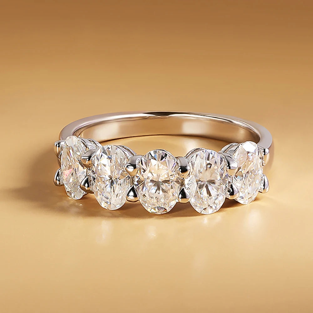 Serenity 2.5cttw 5 Stone Oval Cut D Color Moissanite Row Rings For Women 100% S925 Sterling Silver Plated 18K Eternity Rings GRA - Madeinsea©