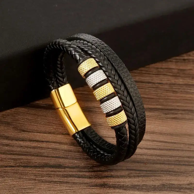 Punk Men Leather Bracelet with Stainless Steel Magnetic Clasp Braided Mutilayer Leather Wrapping Bangles Man Jewelry Gift
