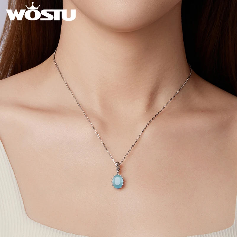 WOSTU 925 Sterling Silver Blue Crystal Sugar Pendant Charms For Bracelet Necklace Best Birthday Jewelry Gift Oval Cut Necklaces