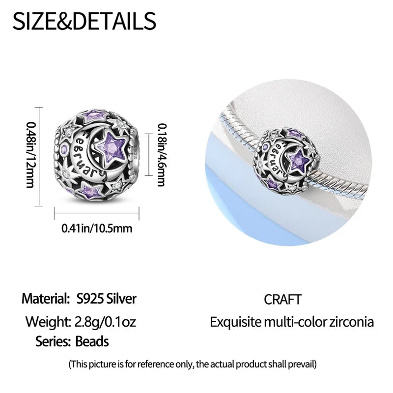 925 Sterling Silber Geburtsstein Sterne Mond Sonne Neues Design Perlen Charm Bead Fit Armband DIY Schmuck für Frauen