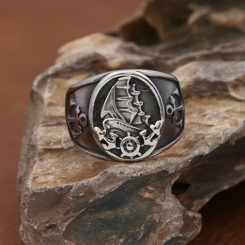 Fashion Vintage Nordic Sailboat Pirate Ring Male 316L Stainless Steel Viking Compass Rings Biker Amulet Jewelry Gift Wholesale