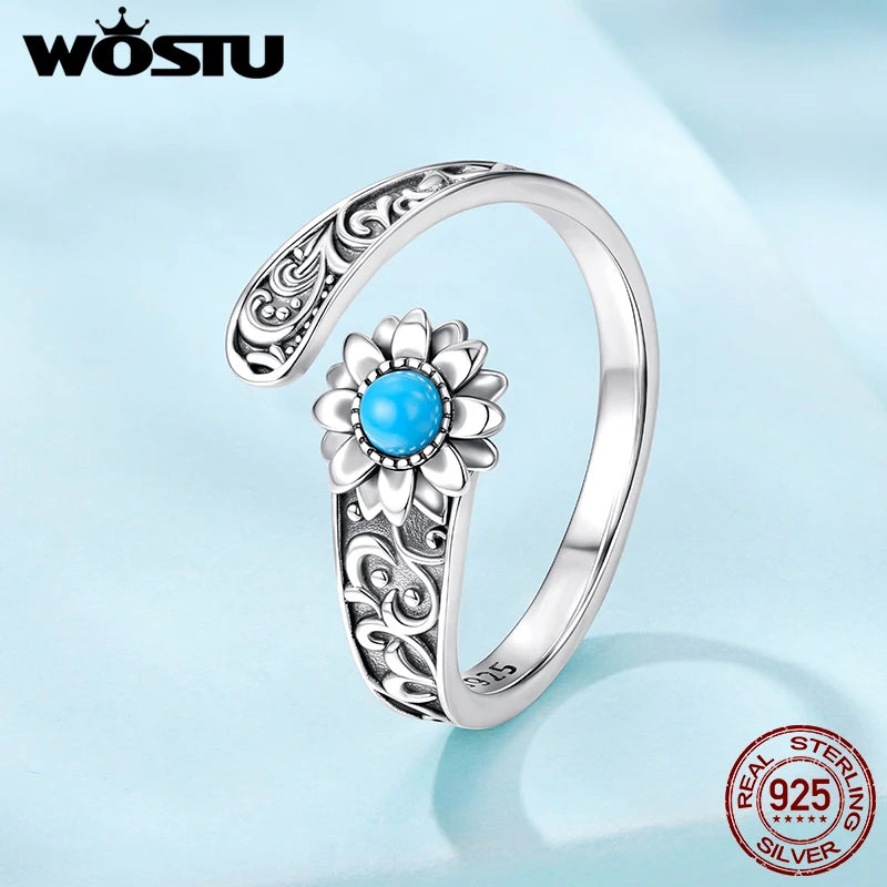 WOSTU 925 Sterling Silver Vintage Turquoise Sunflower Ring Stacking Simple Flower Opening Rings Jewelry Gift For mom Love Family