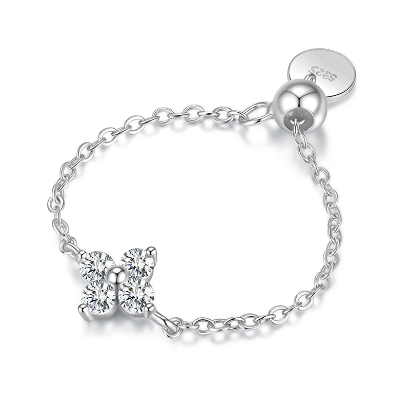 BAMOER 925 Sterling Silver Four Leaf Clover Lucky Chain Ring Adjustable Link Ring with Beads for Women Teen Special Party Gift