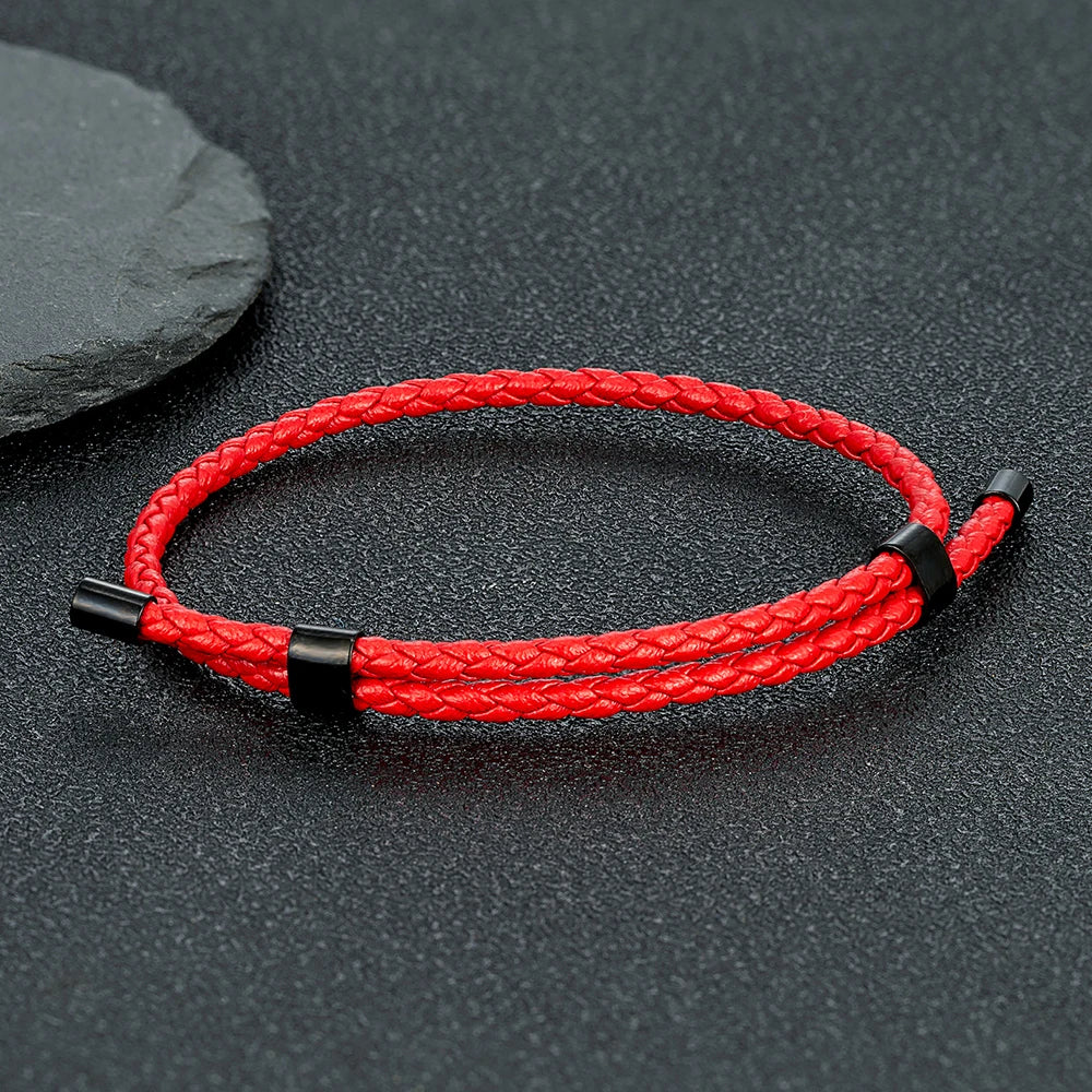 MKENDN Simple Style Men Titanium Steel Bracelet 3mm Red Leather Braided Rope Women High Quality Adjustable Charm Jewelry