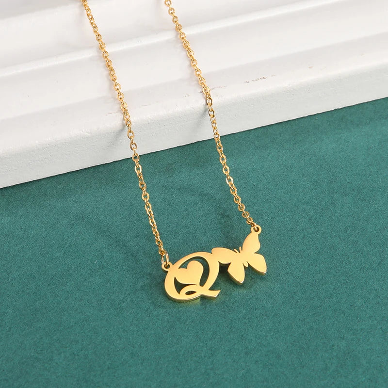 New Fashion 26 Initials Letter Pendant Butterfly Necklace for Women Elegant Stainless Steel Gold Color Necklace Jewelry Gift