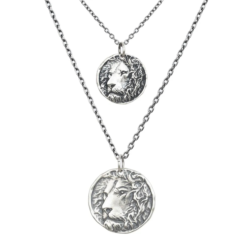 MKENDN Punk Style 100% 925 Sterling Silver Creative Retro Lion Head Coin Pendant Necklace Men Women King Jewelry