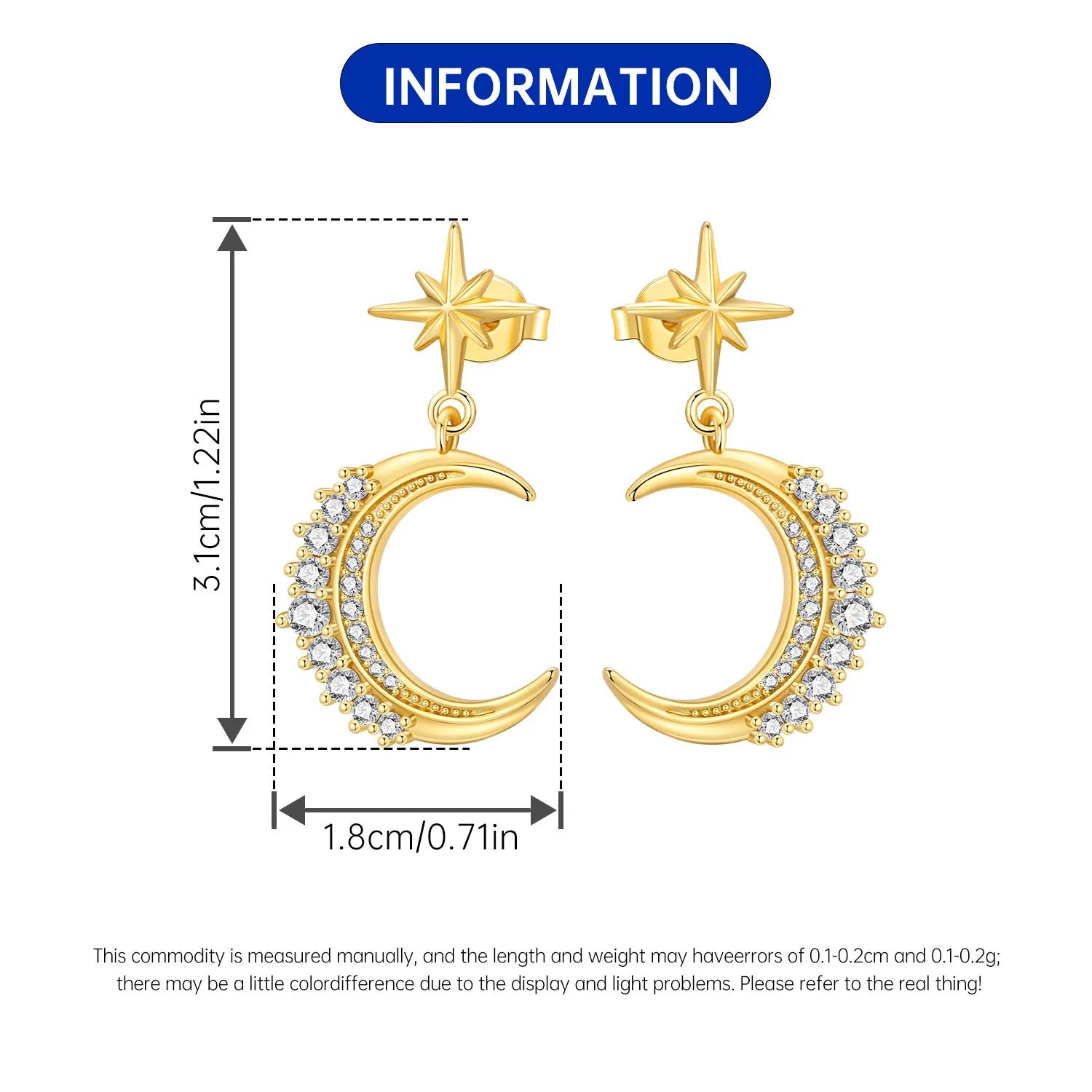 PANPOKI S925 Sterling Silver 18K Gold Sparkling Starry Moon Stud Earrings For Lady Jewelry Anniversary Trendy Original Gifts
