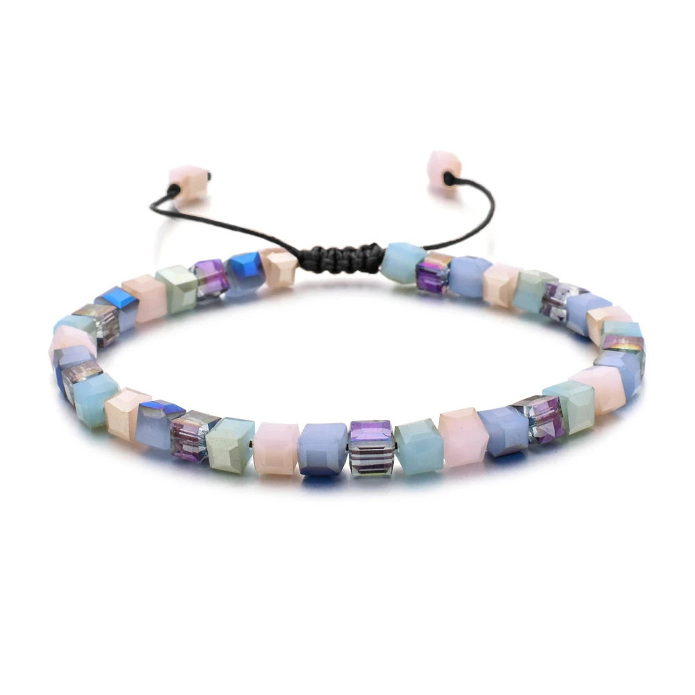 MKENDN Square Austrian Crystal Bead Bracelet Adjustable Braided Rope Bracelet Luxury Shimmering Glass Bead Jewelry for Men Women