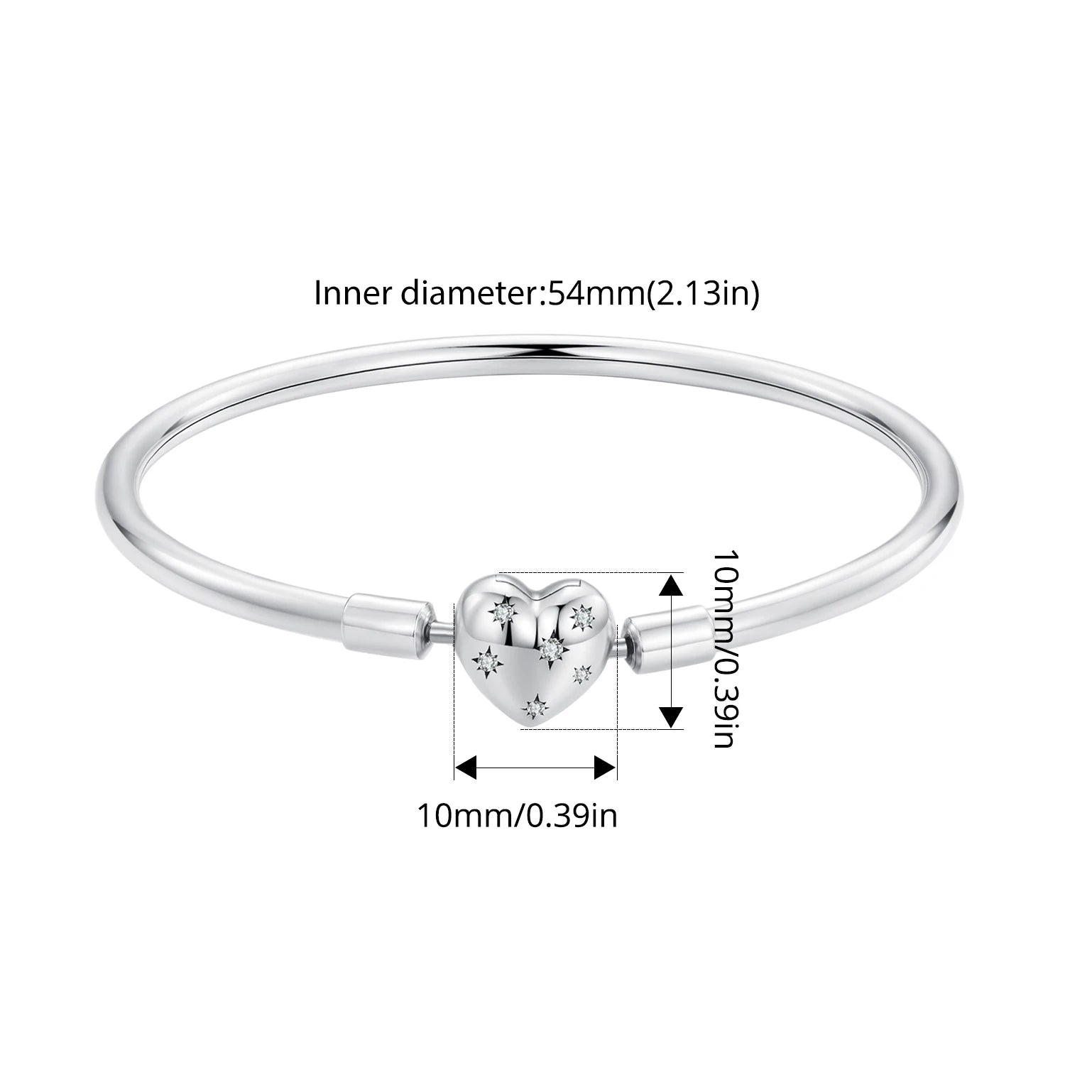 BISAER 925 Sterling Silver Heart Bracelet Dainty Starry Basic Bracelet Plated White Gold for Women DIY Charm Bead Fine Jewelry