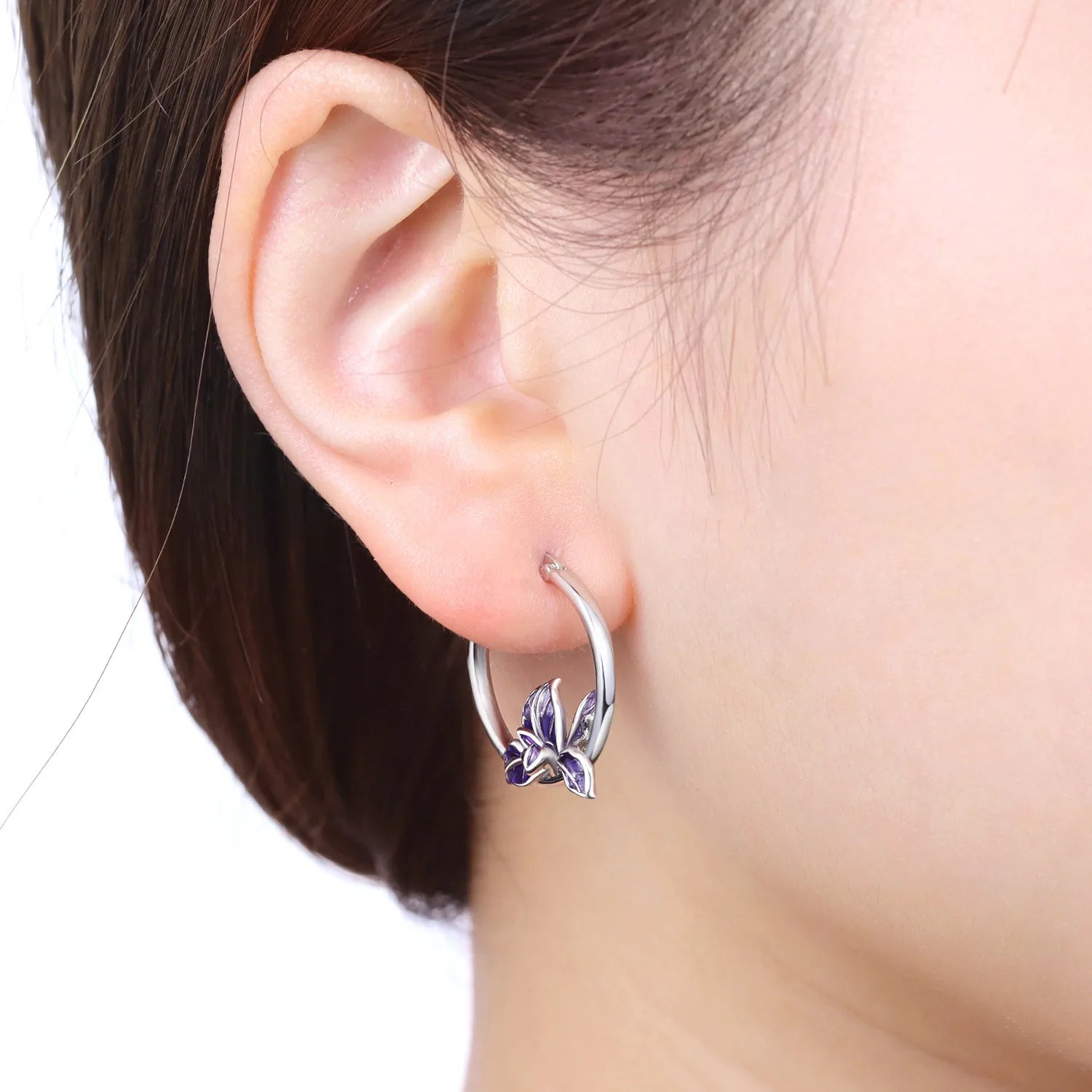 PANPOKI S925 Sterling Silver Blooming Purple Iris Flower Earrings Versatile Hoop Earrings For Women Jewelry Original Party Gift