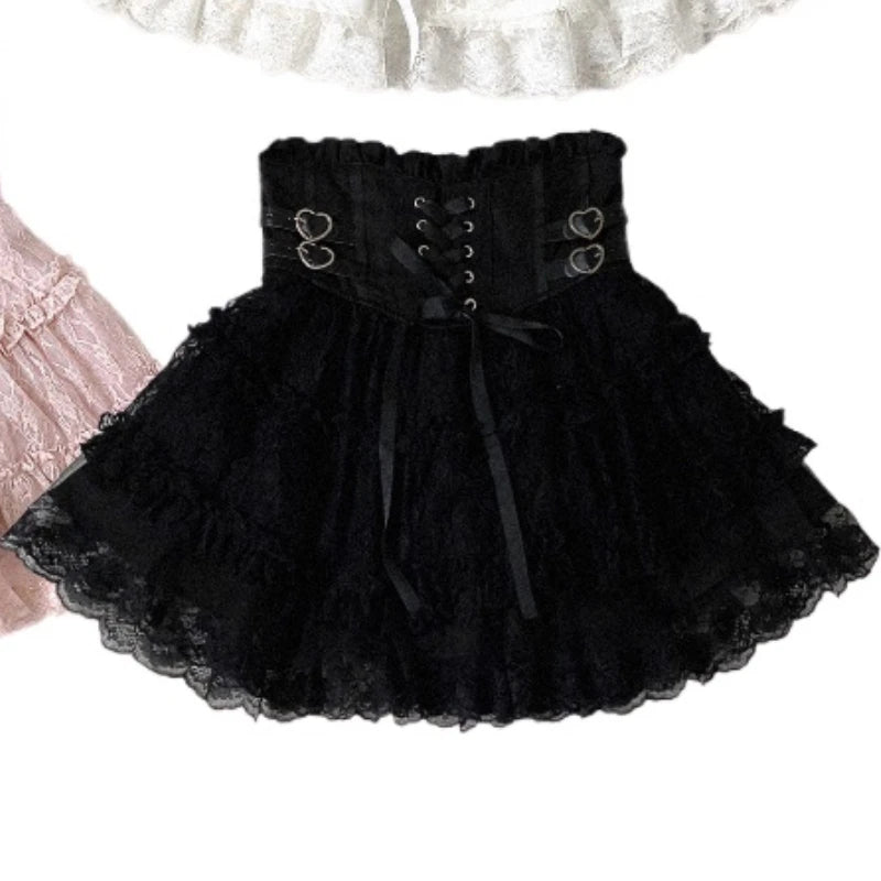 Japanese Sweet Lolita Style Mini Skirt Women Elegant Lace Bandage Party Cake Skirts Female Gothic Y2k Metal Buckle Short Skirt