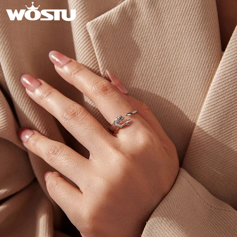 WOSTU S925 Silver Panther Leopard Ring for Women, Elegant Big Cat Animal Adjustable Rings With Green Crystal Eyes Statement Gift