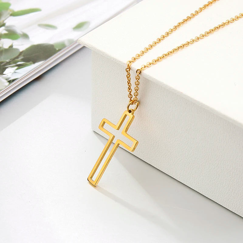 Openwork Cross Pendant Necklace for Women New Fashion Stainless Steel Gold Silver Color Necklace Jewelry Christmas Gift