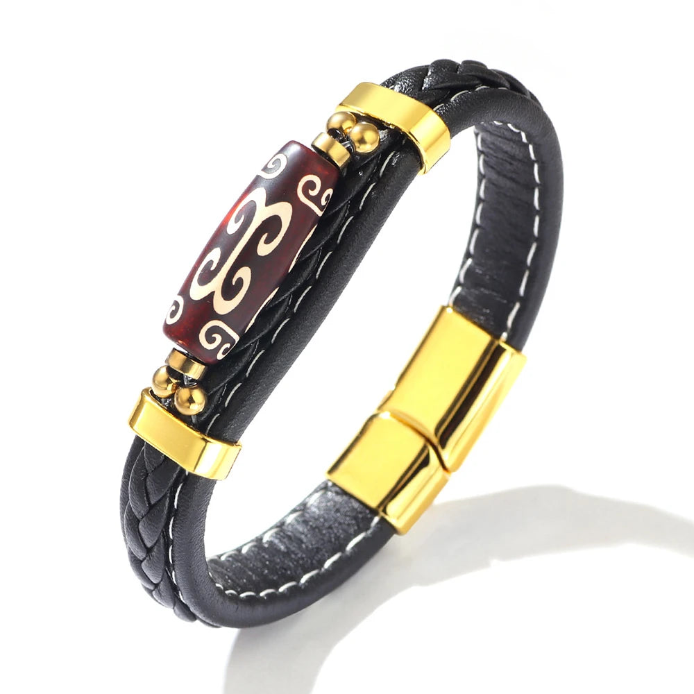 MKENDN Charm Herrenarmband, tibetischer Buddhismus, neunäugiges Dzi-Perlenarmband, Lederarmband, Edelstahl-Accessoires, Glücksarmband