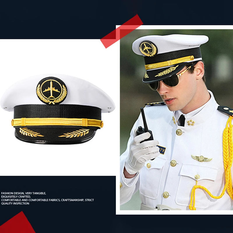Vintage Officer Peaked Cap Classic Design Adjustable Strap for Aviation Navy Captain Security Railway Personnel Unisex Fits Most
