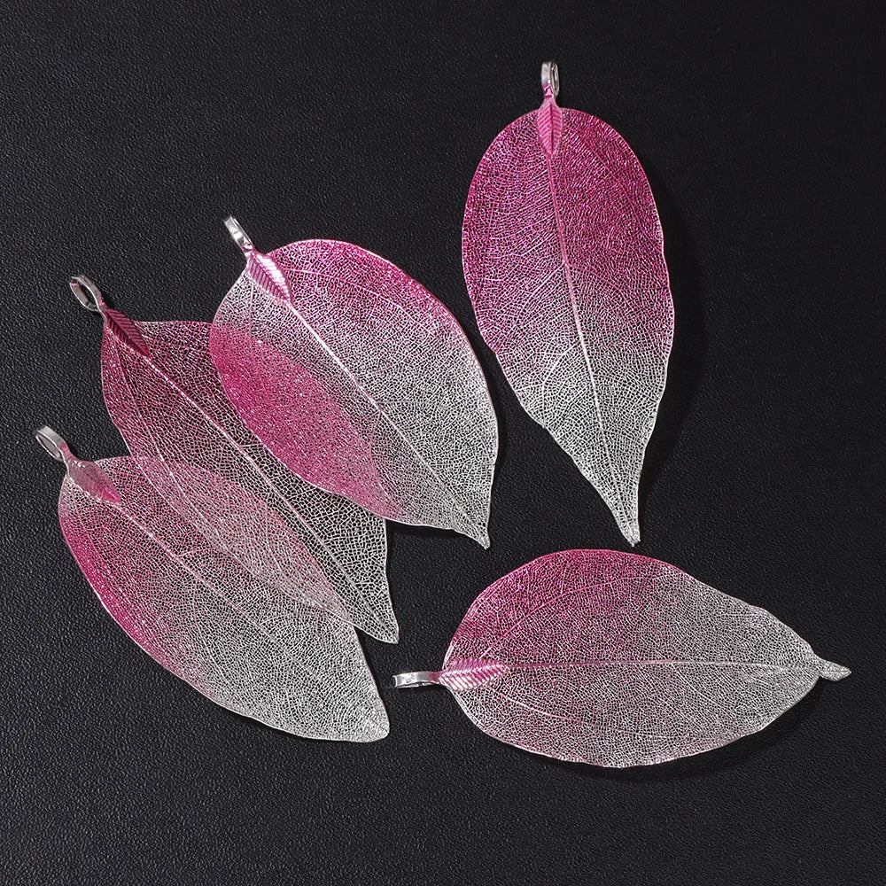 Pendentif en métal avec de véritables feuilles naturelles multicolores, idéal pour la création de bijoux (boucles d'oreilles, colliers, etc.) - Lot de 5