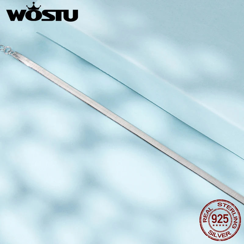 WOSTU 925 Sterling Silver 3MM Flat Snake Chain Bracelet For Women , Cuban Chain Stacked Chain Links For Women Punk Jewelry Gift