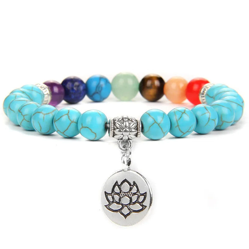 MKENDN 7-Chakra-Armbänder, buddhistisches Lotus-Amulett-Armband, Herren-Armband mit natürlichen Reiki-Steinen und Amethysten, Damen-Yoga-Schmuck
