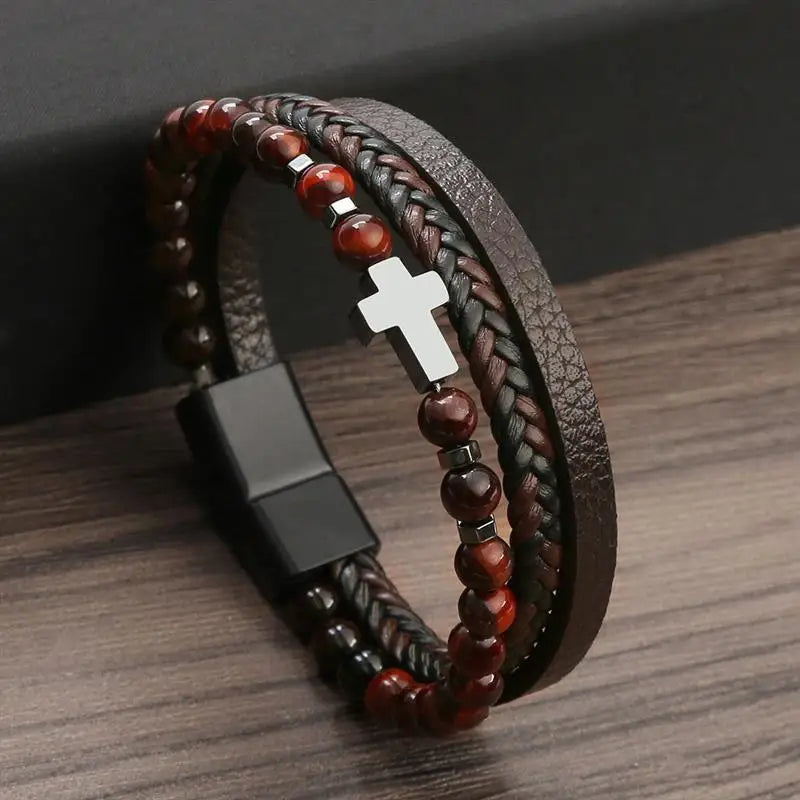 Fashion Cross Pendant MultiLayer Leather Bracelet for Men Women Classic Christian Prayer Christmas New Year Gift