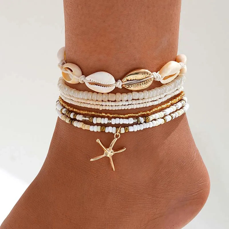 Bohemian Starfish Shell Beaded Anklet Set for Women Summer Fashion Multi-Layer Rice Beads Leg Chains Beach Jewelry Accessories - Madeinsea©