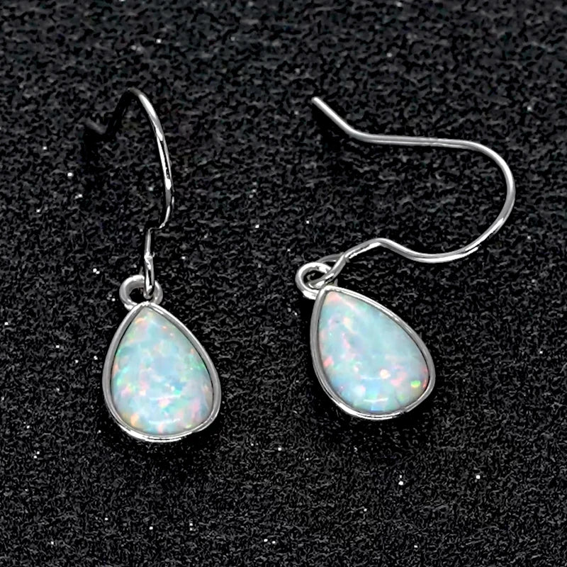 925 Sterling Silver Ladies Drop Hook Earrings 6x9mm Pear Shape Bezel Set White Opal Earring for Women Fashion Gemstone Gift