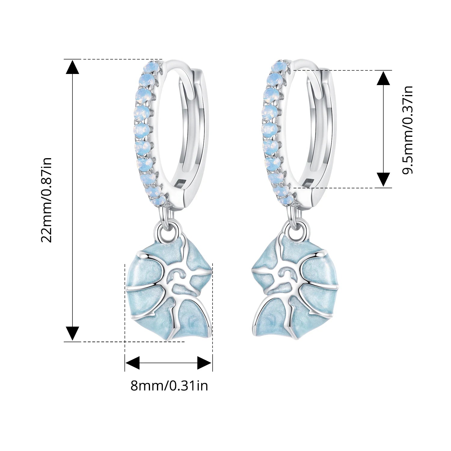 BISAER 925 Sterling Silver Blue Seashell Hoop Earrings Bule Enamel Buckles Plated White Gold For Woman Fine Jewelry Holiday Gift