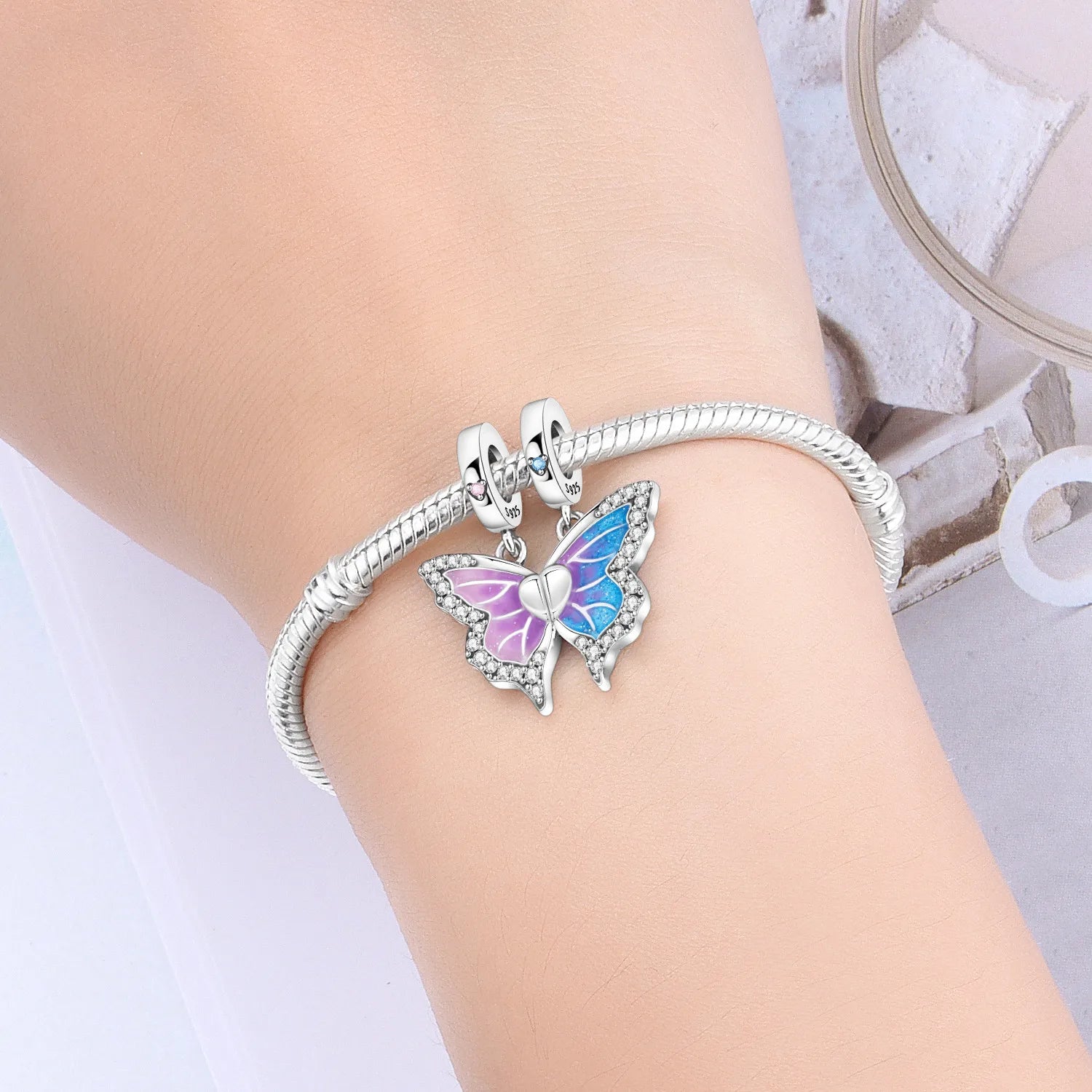 PANPOKI 925 Sterling Silver Colorful Butterfly Insect Beads Original Pendants Bracelet Charm Jewelry Party DIY Trendy Gifts