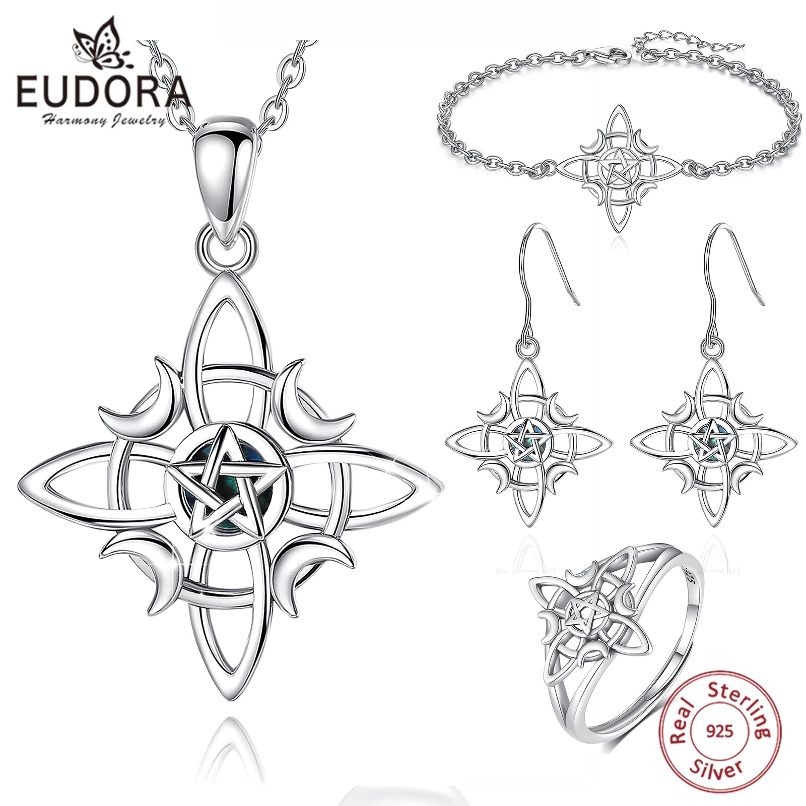 Eudora 925 Sterling Silber Hexenknoten Schmuckset Mond Wicca Amulett Halskette Armband Ohrringe &amp; Ring Feines Geschenk für Frauen