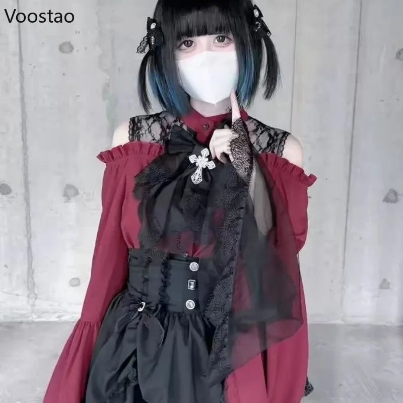 Victorian Gothic Lolita Style Shirts Japanese Women Vintage Elegant Lace Ruffles Flare Long Sleeves Blouse Female Y2k Slim Tops - Madeinsea©