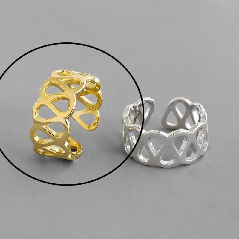 925 Sterling Silver Rings For Women Hollow Out Gold Color Temperament Personality Fashion Female Trendy Resizable Opening Rings