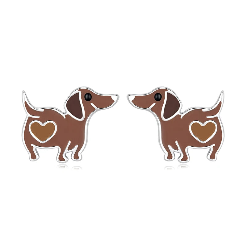 BAMOER 925 Sterling Silver Dachshund Stud Earrings Enamel Grey Heart Cute Dog Pierced Earring for Women Teens Girl Birthday Gift