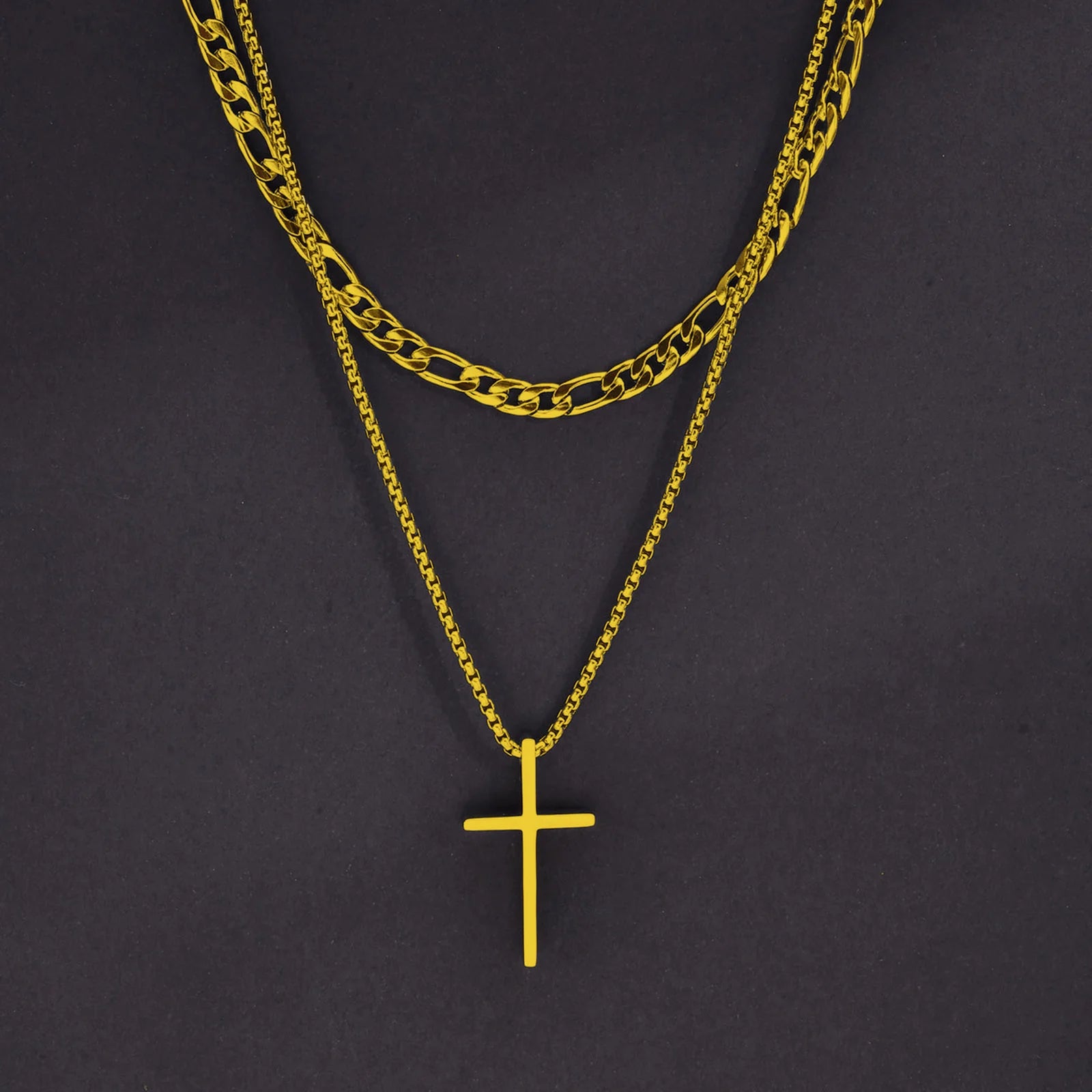 Vnox Mens Cross Necklaces, Stainless Steel Layered Plain Cross Pendant, Rope Box Chain Necklace, Simple Prayer Jesus Collar