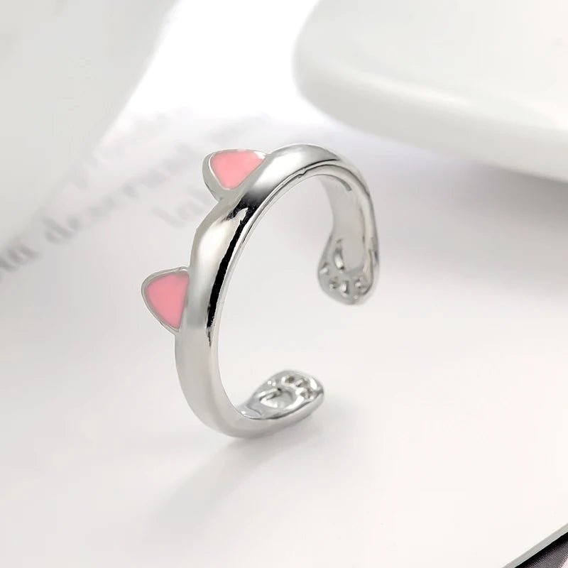 Pink Cute Cat Ear Ring For Women Cats Paw Embrace Tightly Opening Finger Rings Girl Ladies Party Birthday Jewelry Accessories