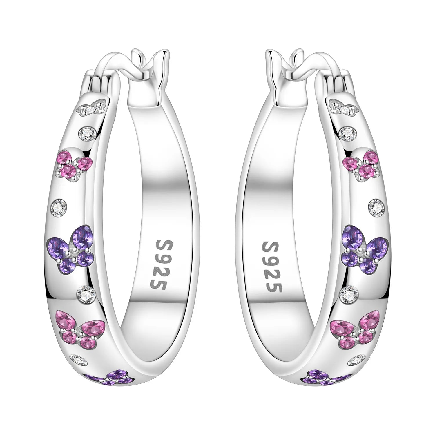 PANPOKI Original 925 Sterling Silver Pink Purple Butterfly Insects Earrings Women Hoop Earring Anniversary Jewelry Trendy Gifts