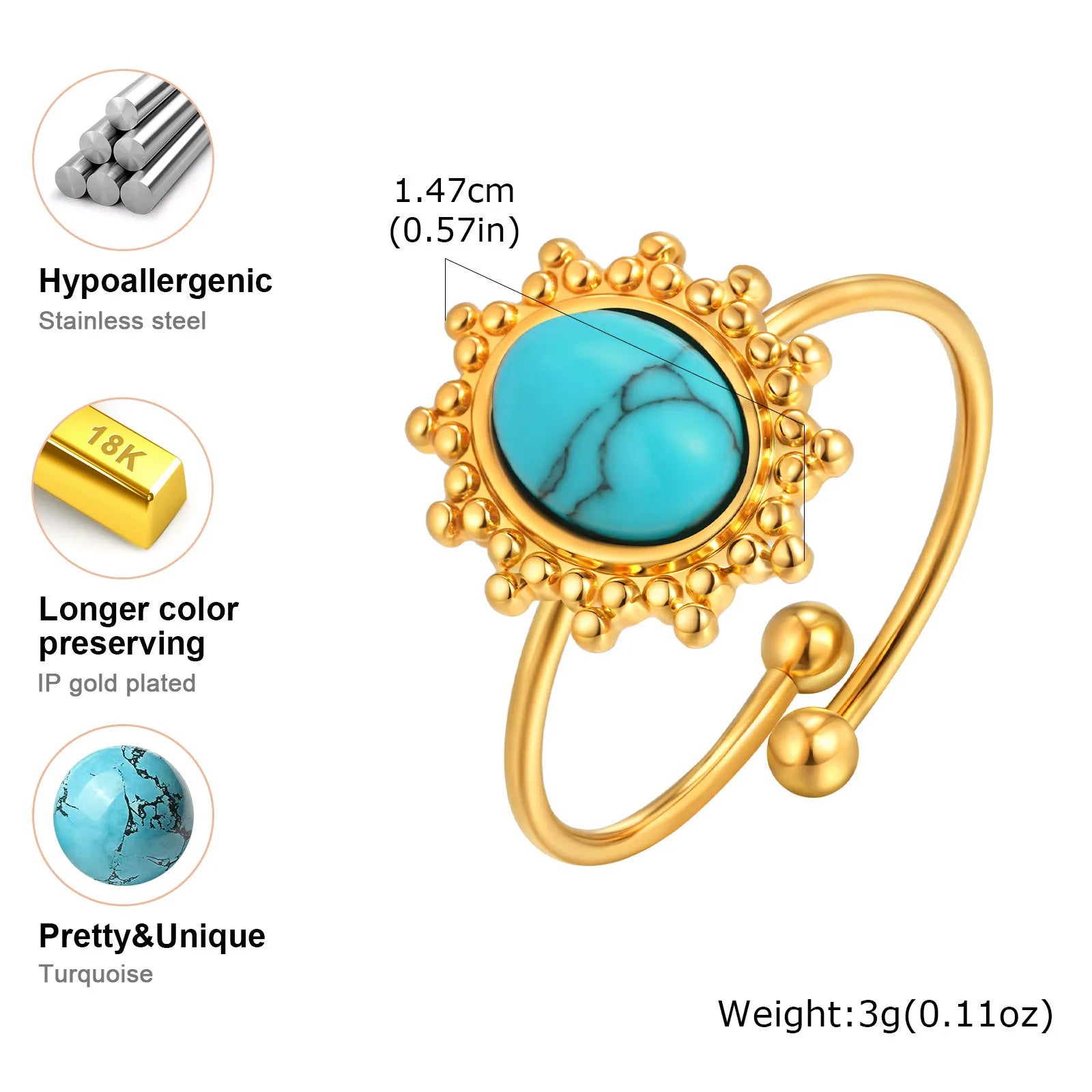 Vnox Stainless Steel Sun Turquoise Opal Rings For Women Gold Color Oval Round Opal Rings Aesthetic Ring Jewelry Wedding Party