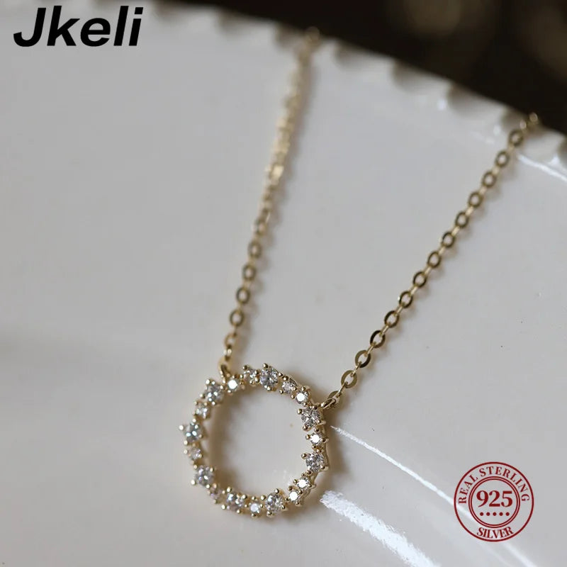 Jkeli - 100 % S925 Sterlingsilber, plattierte 18-karätige Goldhalskette mit Diamantkreis im japanischen und koreanischen K-Gold-Stil