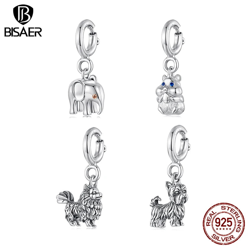 BISAER 925 Sterling Silver Yorkshire Terrier Locket Charm Pomeranian Elephant Hamster Pendant for Women DIY Bracelet Jewelry