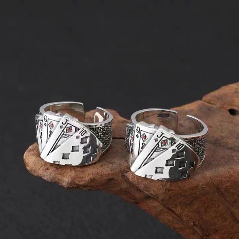 Retro Royal Flush Poker Ring For Men Punk Gothic Rock Hiphop Open Ring Unisex Accessories Handmade Designer Jewelry Lover Gift